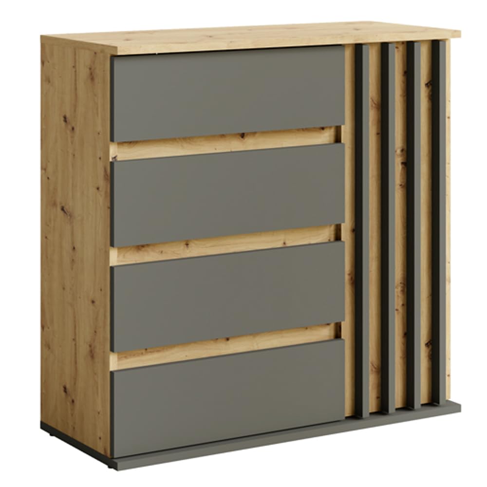 Lomadox Garderoben Set Kommode mit Bank Paneel Spiegel Eiche Graphit Lamellen-Design