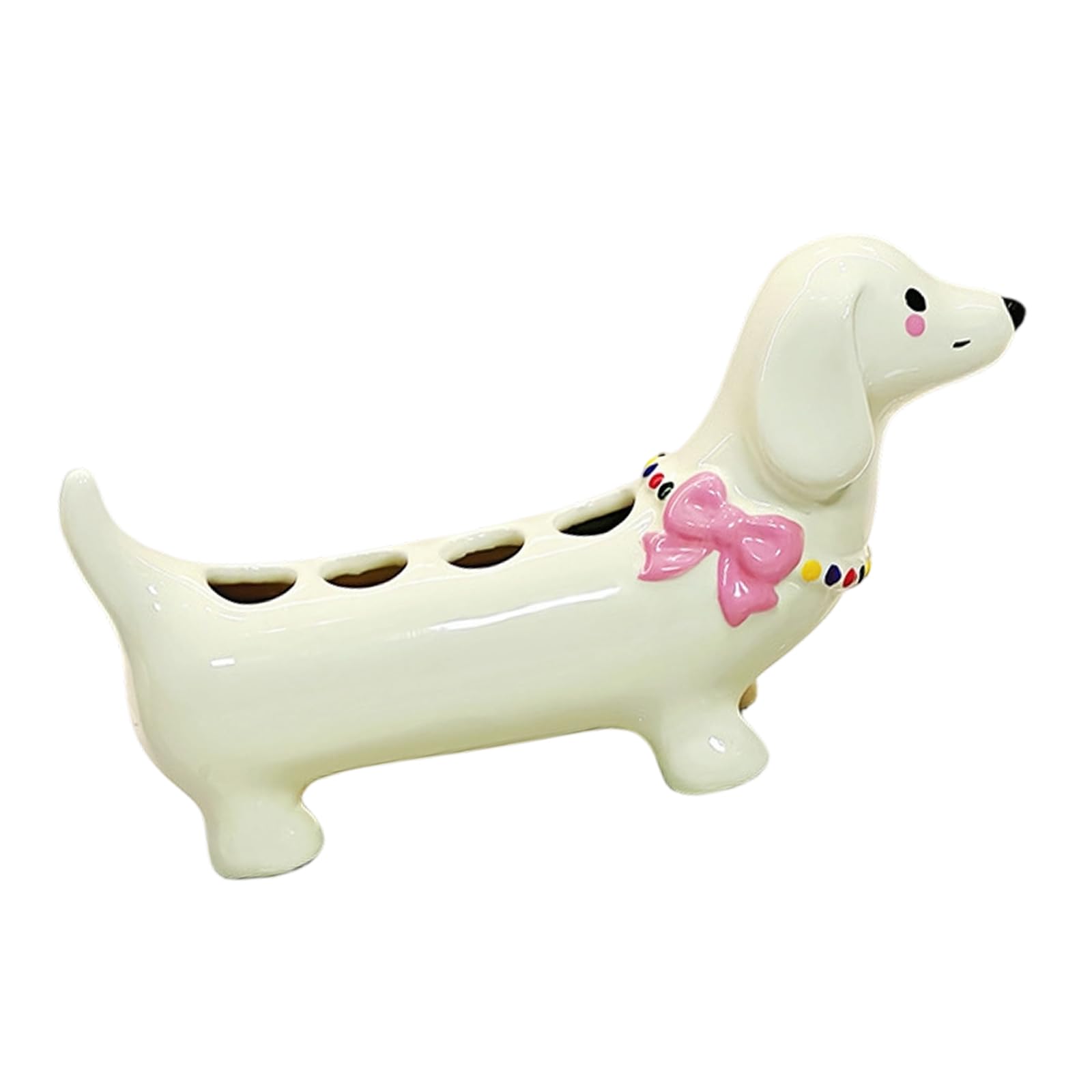 Kalttoy Beige Dachshund Shape Toothbrush Holder Ceramic Toothbrush Organizers Stand With 4 Slots Antislip Design Bathroom Essential Cartoon Dachshund Bathroom Organizers