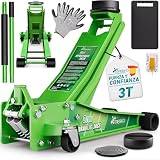 TRESKO Gato hidráulico 3T, altura de elevación de 75 – 510 mm, hidráulico, plano, doble pistón y ruedas de 360°, incluye 2 almohadillas de goma, alfombrilla protectora, guantes (verde, 3 toneladas)