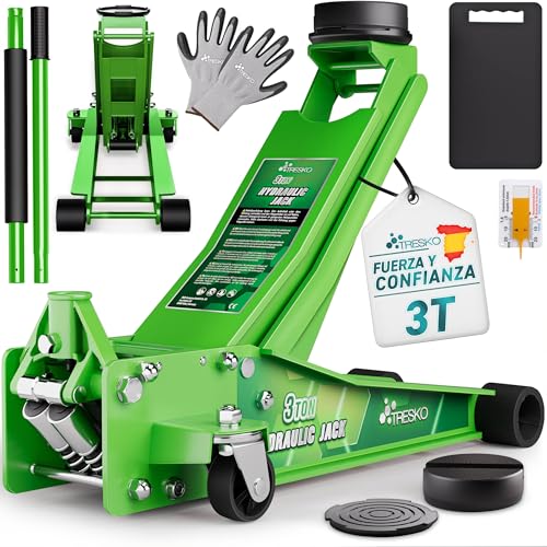 TRESKO Gato hidráulico 3T altura de elevación de 75 510 mm hidráulico plano doble pistón y ruedas