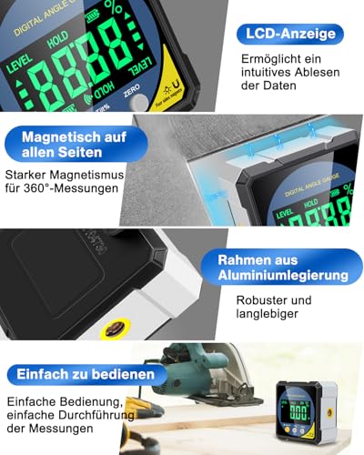 Digitaler Laser Winkelmesser, Lytool Neigungsmesser Laser Wasserwaage mit Vierseitigem Magnet, Doppelseitigem Laser- LCD Display, Type-C Schnittstelle- Magnetische Bevel Box für Holzarbeiten, Bau, DIY