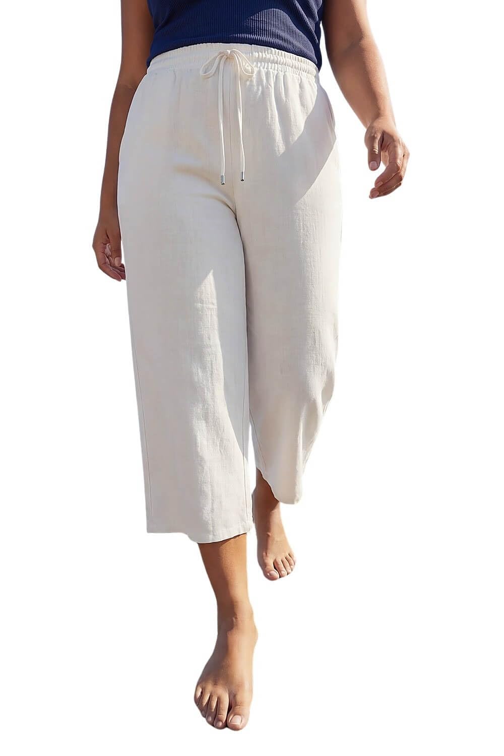 Roman Curve Linen Mix Cropped Trousers - White
