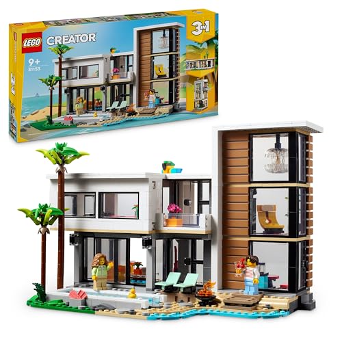 LEGO Creator 3 en 1 Casa Moderna de Juguete Convertible en Edificio de 3 Plantas o Cabaña del Bosque, Kit de Construcción con 2 Minifiguras, Regalo para Niños y Niñas de 9 Años o Más y Artistas 31153