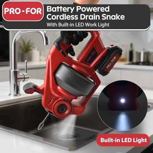 PRO-FOR 20V Cordless Electric Drain Auger, 25Ft Auto-Feed Drain Snake, Replaceable Cable, 2.0Ah Battery & Charger, LED Light, Clog Remover for Sink, Shower, Kitchen, Bathroom Pipes (3/4"-2") by PRO-FOR - Image 5