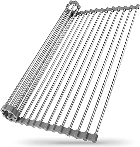 PELLUM Over The Sink Multipurpose Roll-Up Dish Drying Rack Stainless Steel Dish Rack Foldable Drainer Rack Kitchen Draining Board for Cups Fruits Vegetables (47X38CM)