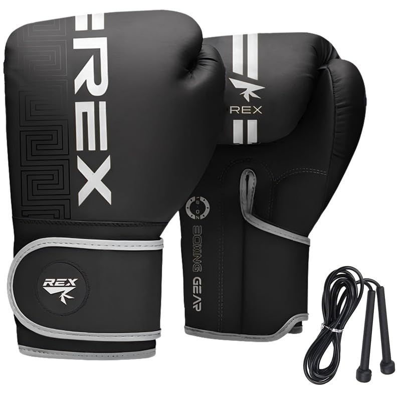 Boxing Gloves for Men & Women Professional Training & Sparring Gloves with Free Skipping Rope for Boxing, Kickboxing, Muay Thai MMA PU Leather Wrist Support Multiple Sizes (White/Black, 16oz)