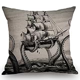 Swono Sail Boat Waves and Octopus Cotton Burlap Linen Throw Pillow Case Cushion Cover Sofa Outdoor D