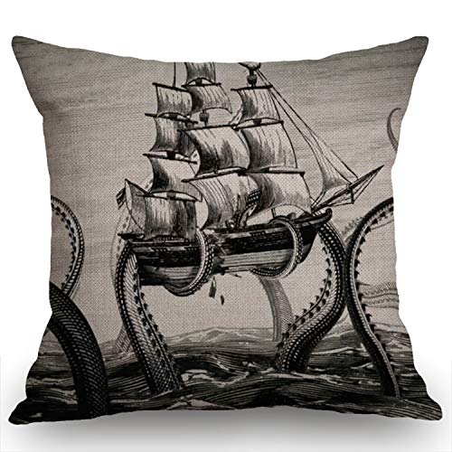 Swono Sail Boat Waves And Octopus Cotton Burlap Linen Throw Pillow Case Cushion Cover Sofa Outdoor Decorative Square 18X18 Inches #TOP4