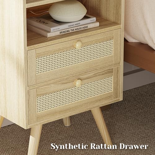 SUPERJARE 2 Drawer Night Stand with Charger Station, Boho Rattan Nightstand Set of 2, 25.2 Inch Tall Bed Side Table with Solid Wood Feet, End Table, Open Storage, Synthetic Rattan, for Dorm, Natural