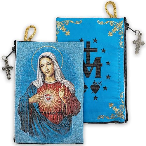 Image of Catholic Rosary Pouch, 4 inch x 6 inch Jewelry & Coin Purse with Cross, Small Woven Tapestry Icon Bag, Bolsa de Rosario Catolico para Joyeria, Virgin Mary Immaculate Heart & Miraculous Medal Symbol, 4 inch x 6 inch