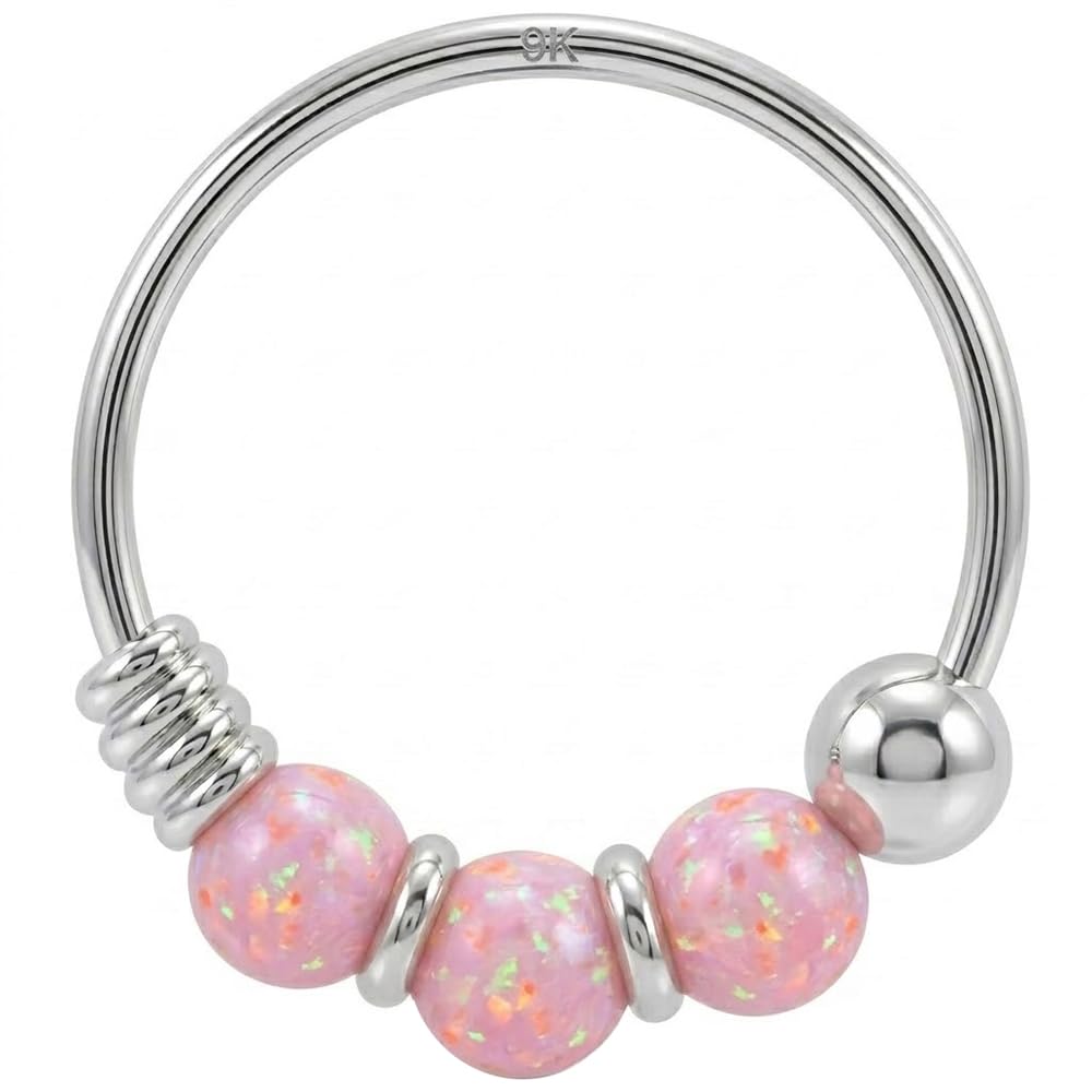 9K Oro Bianco Triplo Opale Perla 22 Gauge Hoop Naso Piercing Anello Gioielli