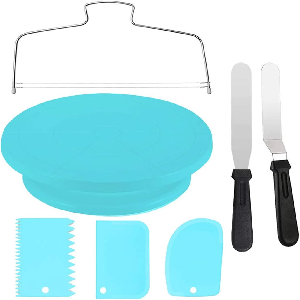 Cake Decorating Turntable,Cake Decorating Supplies With Decorating Comb/Icing Smoother(3pcs),2 Icing Spatula With Sided & Angled … (Blue)