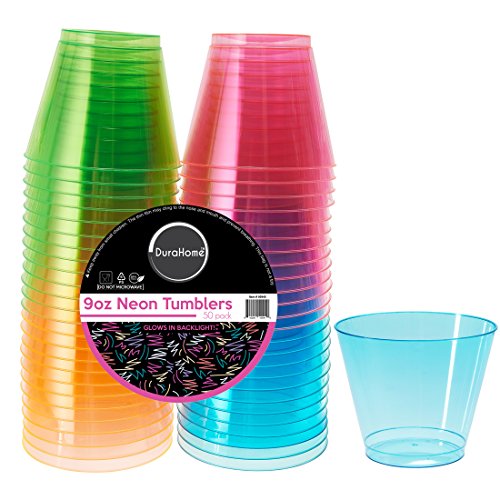 DuraHome - Hard Plastic Cups - 9 Oz. Party Cups Beverage Tumblers in Assorted Neon Colors (Blacklight Party) 50 Count