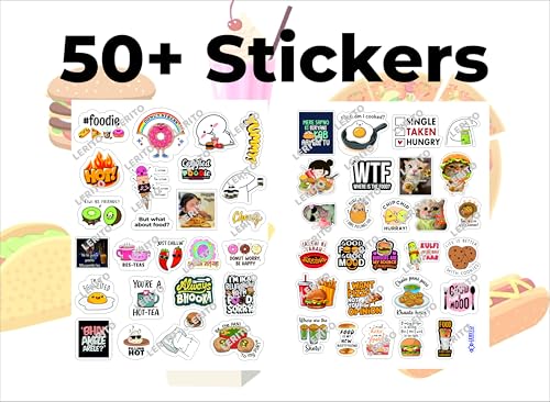 Image of Foodie Vinyl Sticker Pack, Multicolor, Waterproof, 50+ Stickers for Laptop, Journal, Guitar, Mobile Phone