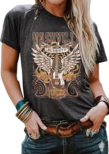 Music City Shirt for Women Country Music T-Shirt Vintage Guitar Wings Graphic Country Concert Tee Tops