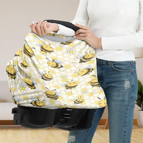 Image of Cute Carseat Cover for Babies, Breathable Infant Carseat Cover Lightweight Baby Carrier Cover for Girls Boys, Fit Spring Summer /Hot Days /Warm Weather, Bee Daisy