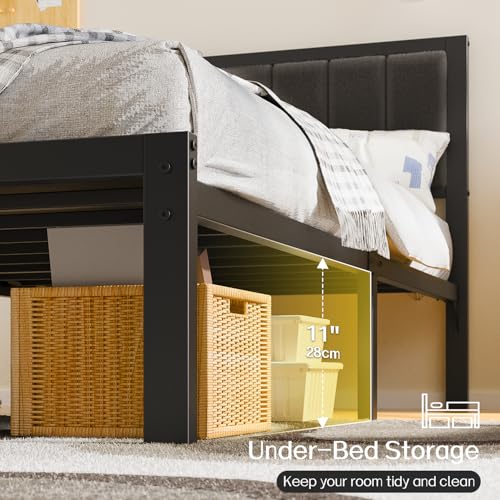 Image of OLEVS Twin Bed Frame with Headboard, Smart LED & Charging Station | Metal Platform Bed Twin Size with LED Light, USB Charging & Upholstered Headboard for Kid, Boys, No Box Spring Needed, Black