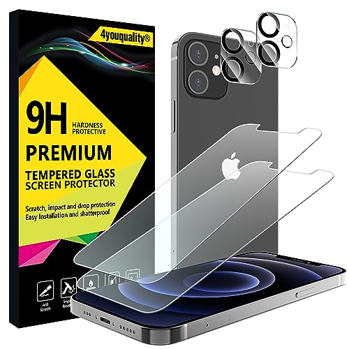 4youquality [4-in-1 Screen Protector for iPhone 12 Mini with Camera Lens Protector Tempered Glass Film 2-Pack Each [LifetimeSupport][Impact-Resistant][Anti-Scratch][Ultra-Transparent]