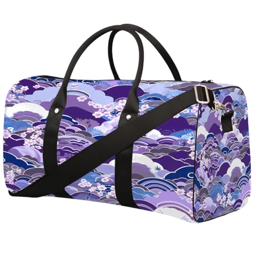 Japanese Cherry Blossom Clouds Travel Duffel Bag Sports Tote Gym Bag Waterproof Tear-Resistant Carry On Overnight Bag Foldable Weekender Bag for Gym Travel Getaway Beach Sports