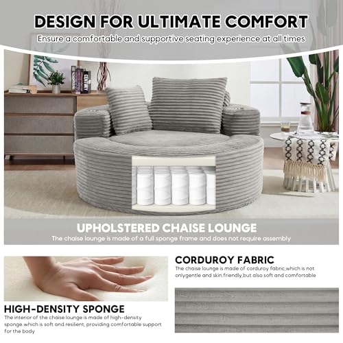 Image of Oversized Round Chair Lounge Chaise Indoor, 55.5 inch Upholstered Corduroy Deep Seat Single Cloud Sofa Chair with Cup Holder, Modern Large Circle Boneless Sleeper Sofa for Living Room, Light Grey