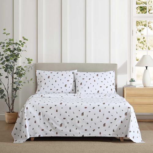 Image of Eddie Bauer - Sheet Set, Luxurious Cotton Percale Bedding with Matching Pillowcase, Crisp & Cool, Fully Elasticized (Buddy Camping Allover White, King)