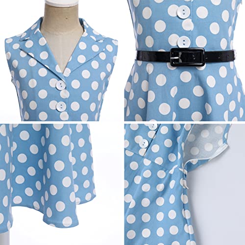 50S Dresses For Girls, Twirly Dresses For Little Girls Sleeveless Summer Swing Casual Clothes 'Holly' Audrey Vintage Polka Dot Wedding Casual Skater Xmas Ball Dance Gown Blue & Belt 8-9 Years #TOP4