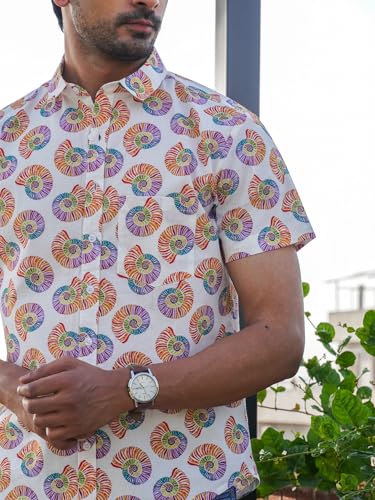Image of Multicolor Cotton Conch Shell Print Casual Shirt for Men