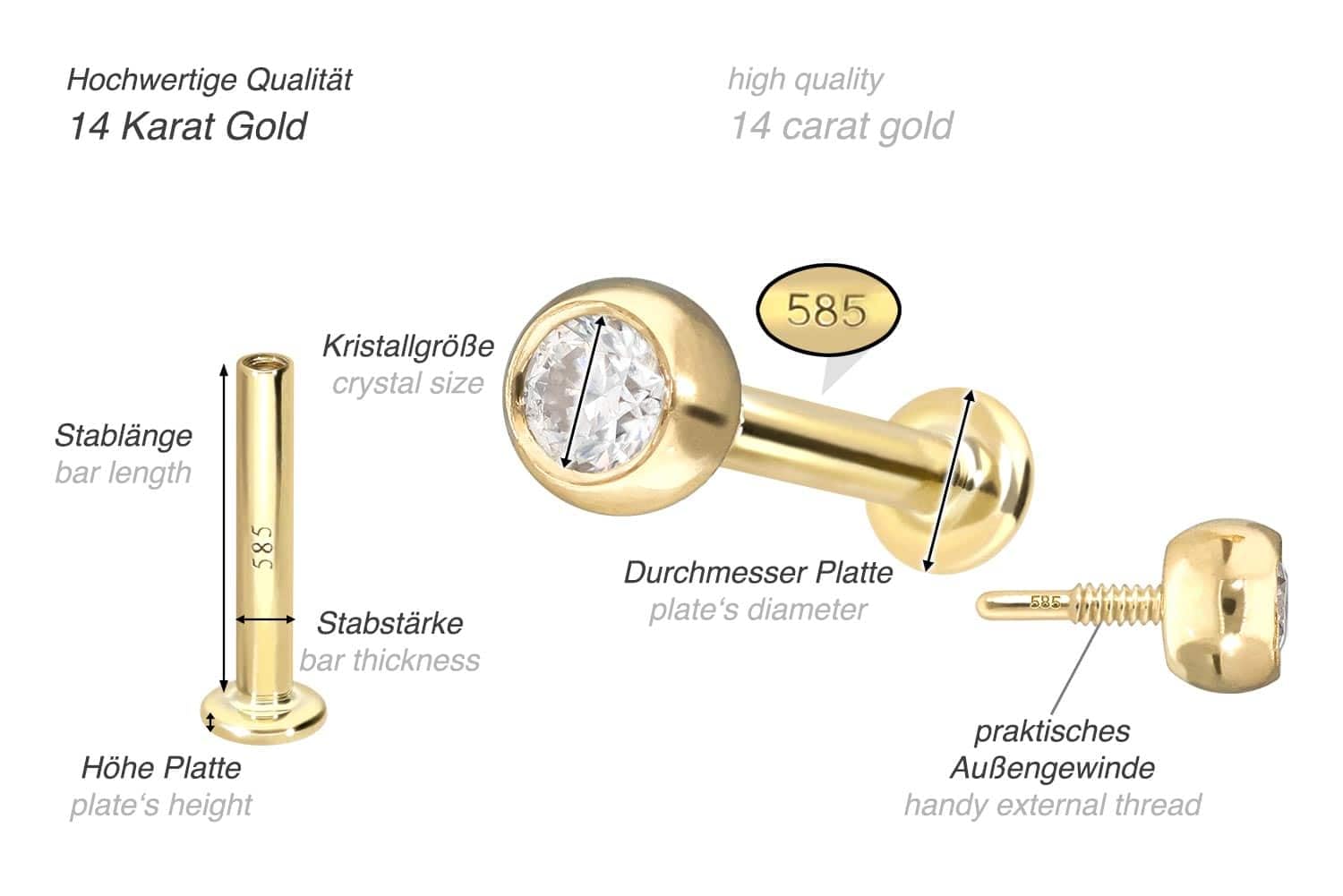 PIERCINGLINE Piercing Stecker 14 Gold Labret mit Innengewinde MOISSANIT 585er Gold - Roségoldfarben, Goldfarben, Silberfarben
