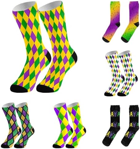 Mardi Gras Socks Women Men Plaid Funny Stockings Novelty Contrast Color Colorful Soft Crew Socks for Parade Party Supplies