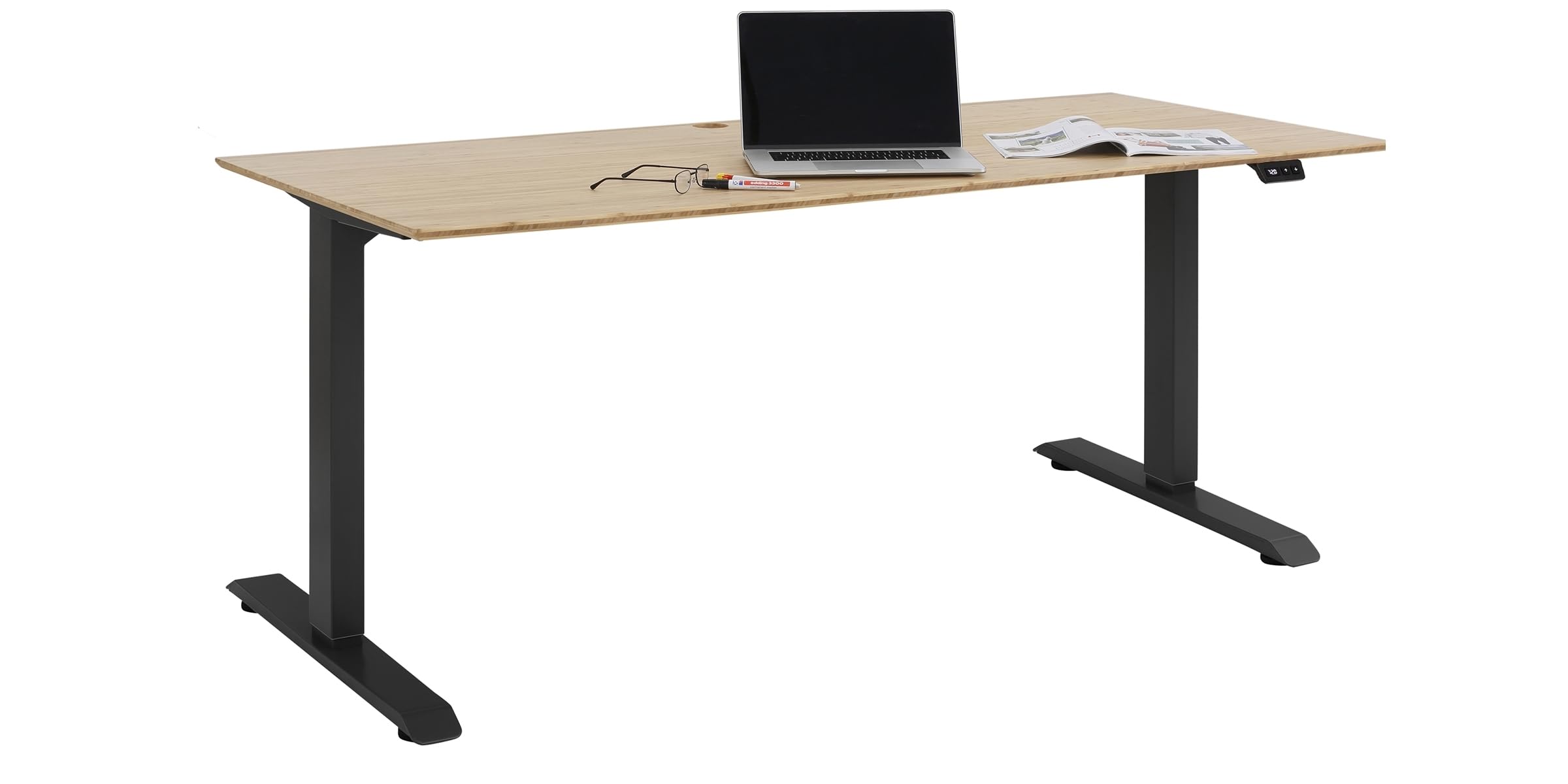 möbelando Schreibtisch >e-Desk< elektrisch verstellbar 150x 72-120x80 cm in Bambus/Anthrazit, Ergonomisch für gesundes Arbeiten, Stufenlos mit LED-Anzeige, Stoß- und Kratzfest, Made in Germany