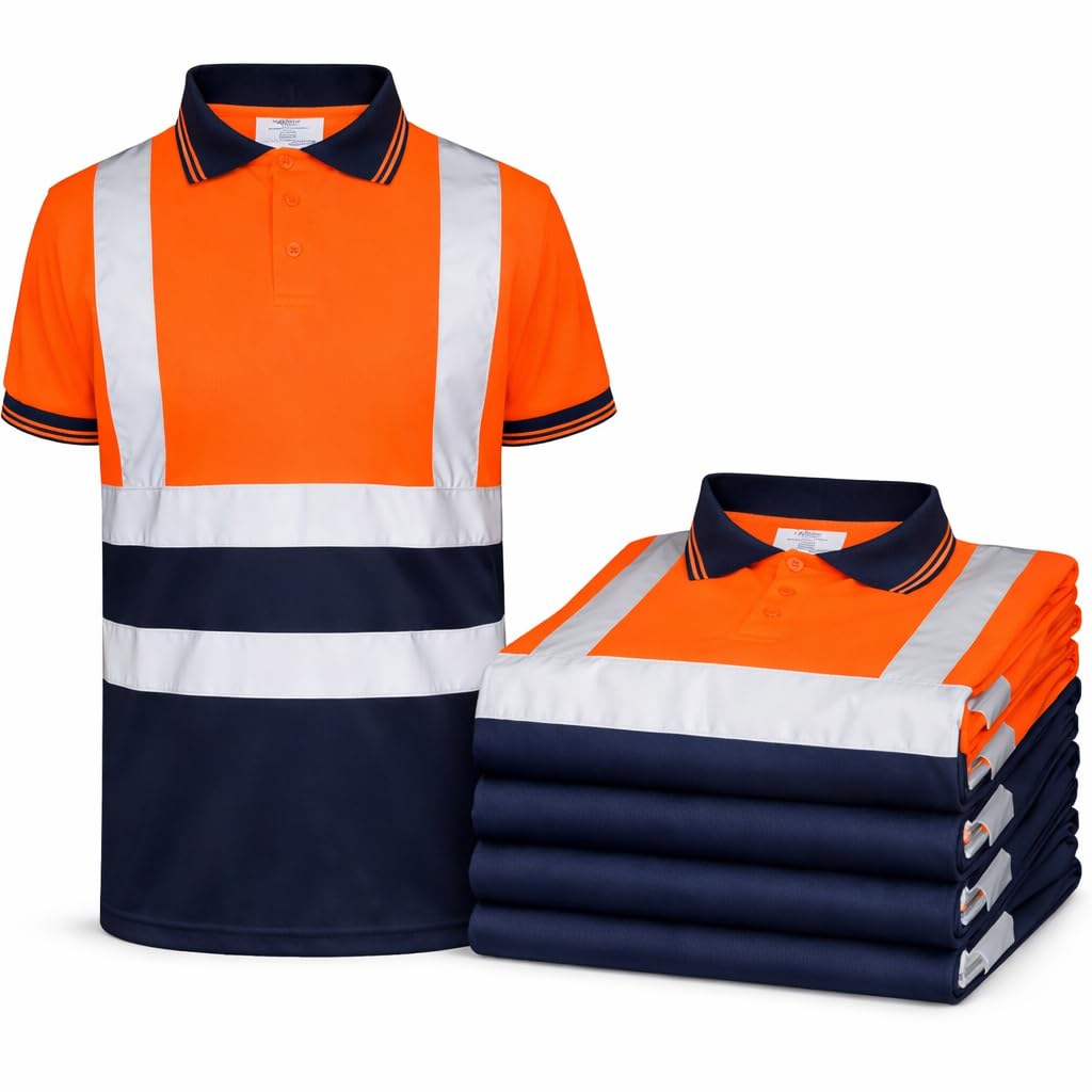 Hi Vis Polo Shirts Pack of 5 High Visibility Workwear Safety Polo T-Shirts for Men Orange, Yellow, (UK, Alpha, L, Regular, Regular, Orange Navy)