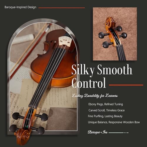 Image of AKLOT Handcrafted Full Size Violin: Solid Wood Matte Fiddle, Acoustic Beginner 4 /4 Violin Kit with Hard Case, Lesson Book, Bow, Shoulder Rest, Extra Strings, Tuner, Fretboard Stickers (VRT-AmiMS)