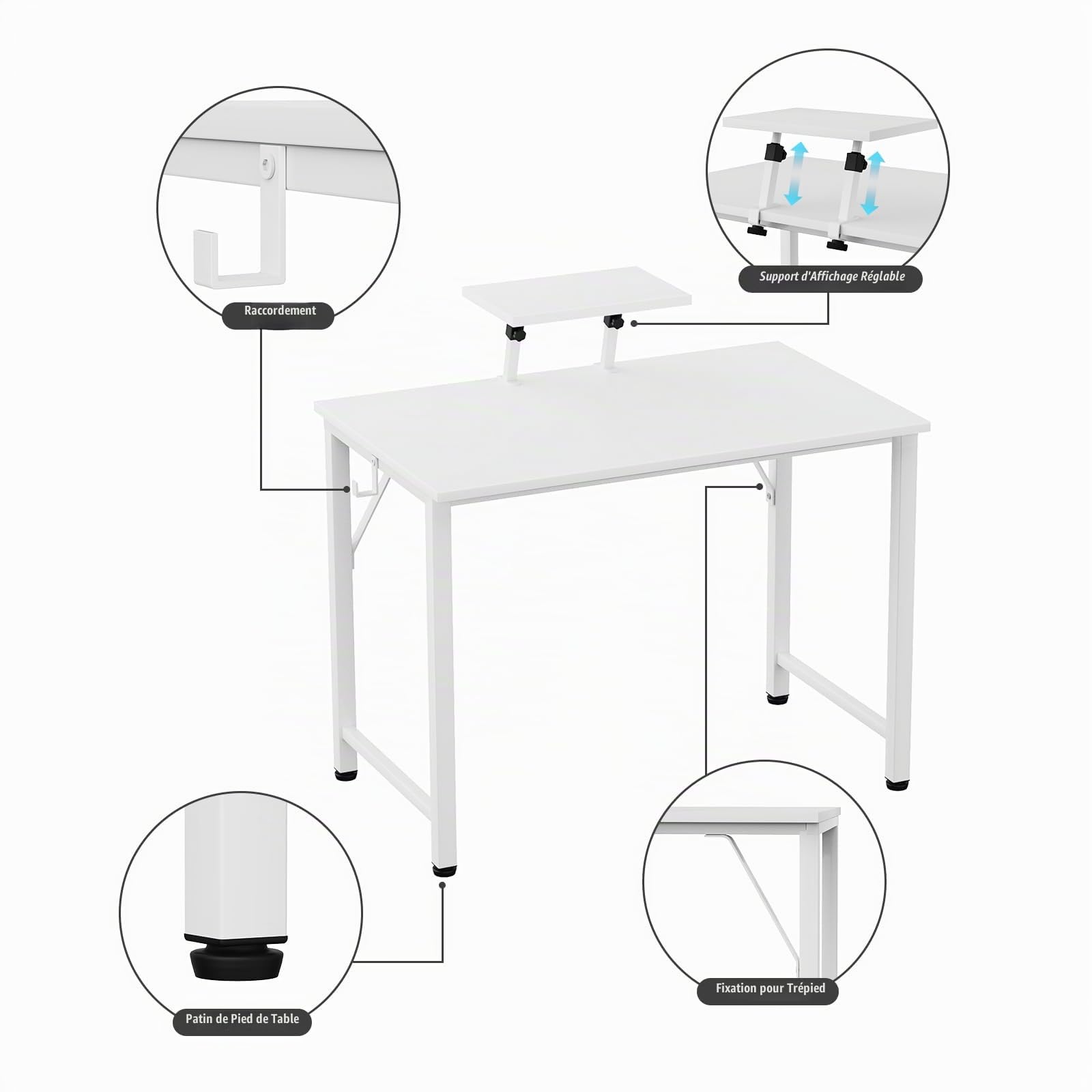 Bureau Informatique 80x40cm, Bureau d'Ordinateur Simple, Petit Table de Bureaux avec Support Amovible de Surélévation, Adapté au Bureaux, au Salon, à la Maison (Blanc)