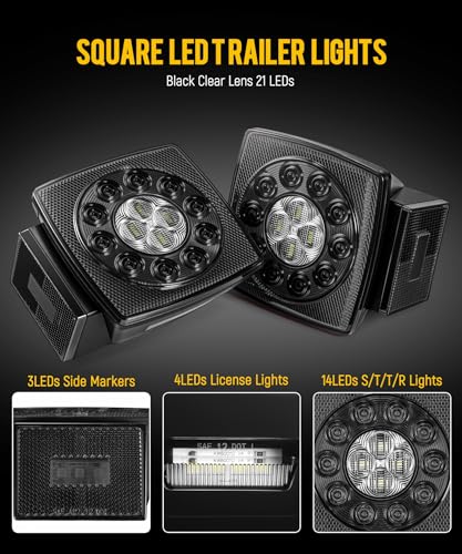 Image of Partsam 12V Submersible Square Led Trailer Lights, Red White LED Stop Turn Tail Reverse Backup License Side Marker Running Light Lamp for Trailers Under 80 inch, Truck, IP68, Black Clear Lens