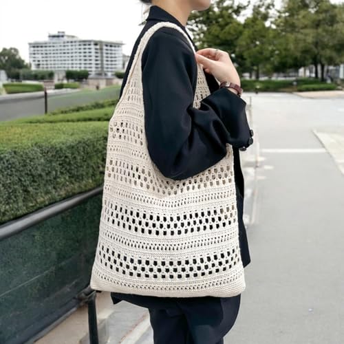 Image of Beach Mesh Crochet Tote Bag Knitted Bag Aesthetic Shoulder Bag Handbags Hollow Hobo Bag for Women Summer (Beige)