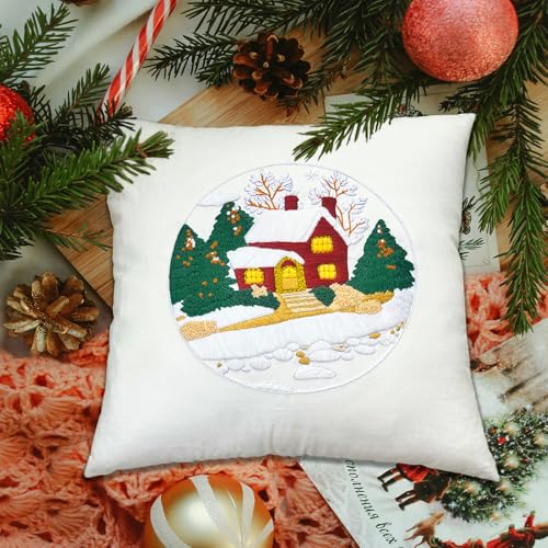 Image of FONNUY Christmas Embroidery Kit for Beginners, Throw Pillow Case Cross Stitch Set Winter Snow House Holly Tree Pattern for Adults, Hand Works Crafts Throw Pillow Cover, 18 x 18'' (White)