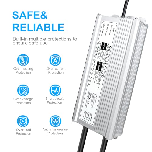 Image of LightingWill LED Driver 350 Watts Waterproof IP67 Power Supply Transformer, 90V-140V AC to 24V DC Low Voltage Output, Adapter with 3-Prong Plug 3.3 Feet Cable for LED Strip Lights, Outdoor Use