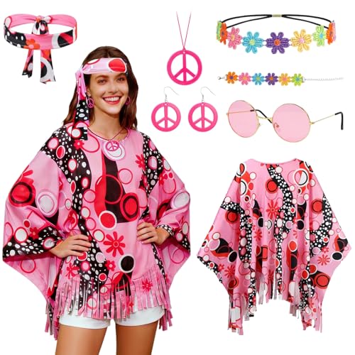 XiLayNeen Deguisement Hippie Femme Tenue Costume Hippie Pour Femme avec 6PCS Hippie-accessoires,Costumes des Années 60 et 70 Poncho Déguisement Disco pour Carnaval Halloween Cosplay