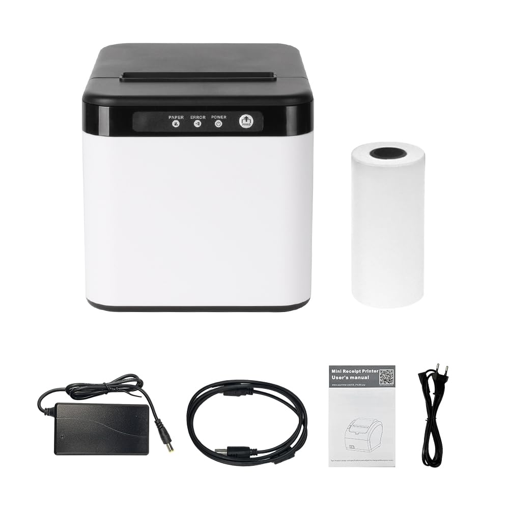 Bisofice Impresora de recibos de 80 mm, impresora térmica ESC/POS, impresión directa de escritorio, conexión USB + LAN, alta eficiencia con cortador automático, contenedor de papel grande para envío,