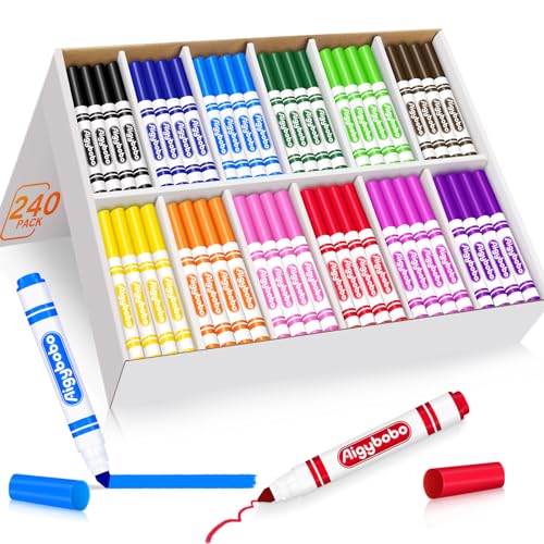 Aigybobo 240 Count Washable Markers Bulk, 12 Assorted Colors, Broad Line Conical Tip Coloring Marker