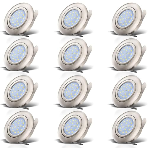 B.K.Licht - 12er Set LED Einbaustrahler 230V schwenkbar, warmweiße Lichtfarbe, Lochmass 68mm, flach, LED Spot, Deckenspots, Spots, Einbauleuchten, Einbauspots, 82x30 mm, Matt-Nickel