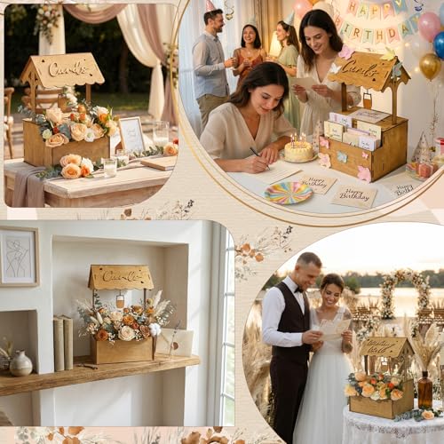 Image of OurWarm Wooden Wishing Well Wedding Card Box with Lock & Flower Trough, Brown Wedding Card Boxes for Reception, Rustic Box for Cards at a Party for Birthday Graduation Baby Shower Reception Decor