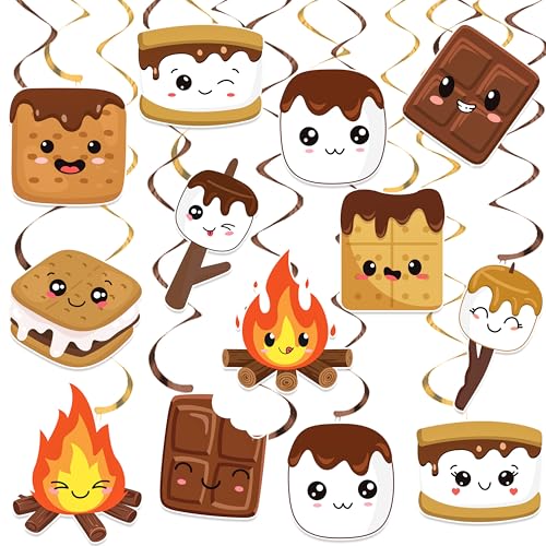 Smores Bonfire Themed Hanging Swirls 24pcs Double-Sided Marshmallow Chocolate Decorations for Camping Birthday Summer Camp Backyard Party