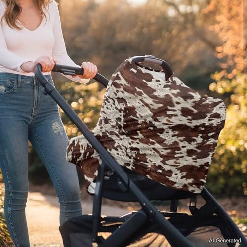 Image of Wanyint Infant Car Seat Cover for Babies, Boys Girls Carseat Canopy Baby Breastfeeding Stroller High Chair Shopping Cart Cover, Cow Print Dark Brown