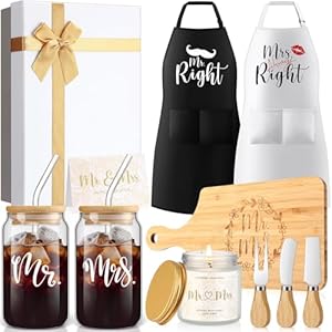 12 Pcs Wedding Gifts for Couples Mr Right Mrs Always Right Glass Cups Aprons Charcuterie Board Candle Butter Knife Box for Bridal Shower Engagement Anniversary Newlywed Bride His and Her