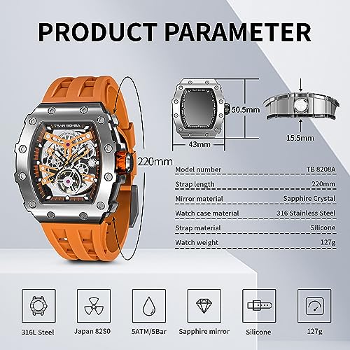 Image of TSAR BOMBA Mens Luxury Watch Automatic Watches for Men 50M Waterproof Japanese Mechanical Movement Tonneau Stainless Steel Case Sapphire Glass Big Face Cool Unique Fashion Gift Men