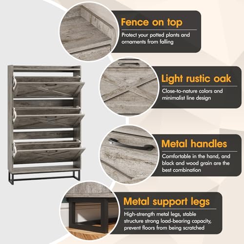 Image of Maupvit Shoe Storage Cabinet with 3 Flip Drawers, Freestanding Organizer with Metal Legs for Entryway, Narrow Shoe Rack Cabinet, Light Rustic Oak