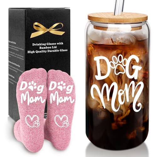Mason Life Gift for Dog Lover Women Glass Cup and Sock for Dog Mom Can Shaped Cups, 18oz Drinking Glasses with Bamboo Lid and Straw