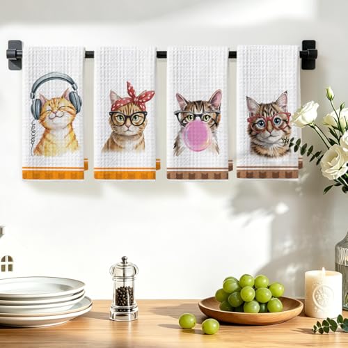 Image of Hanamiya Na 4 Pcs Funny Cat Kitchen Hand Towels 24x14 Inch, Cute Hand Towels for Home Kitchen Bathroom Farmhouse Decor, Cat Mom Lover Lady Gifts for Women Friend Grandma