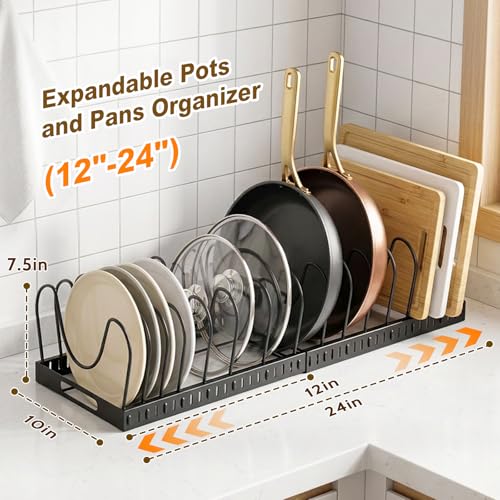 NomNest 2PACK Expandable (12"-24") Pots and Pans Organizer Under Cabinet, 32 Adjustable Dividers for Kitchen, Pot Lid Organizers Inside Cabinet, Pan Lid Holder with Non-slip Feet - Image 2
